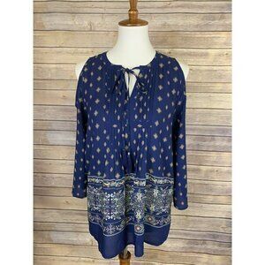 The Limited Small Pintucked Blouse Hobo Hippie Cold Shoulder Floral Tie Collar